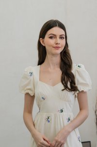 Flourish Embroidered Empire Midi Dress In Cream (XS)