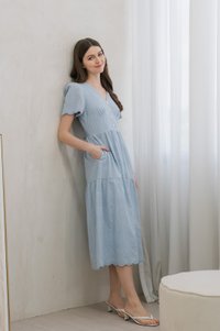 Histeria Eyelet Button Midi Dress In Blue (XS)