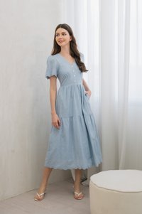 Histeria Eyelet Button Midi Dress In Blue (XS)
