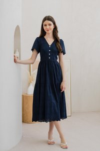 Histeria Eyelet Button Midi Dress In Navy (XS)