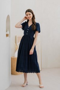 Histeria Eyelet Button Midi Dress In Navy (XS)