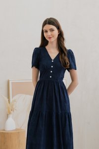 Histeria Eyelet Button Midi Dress In Navy (XS)