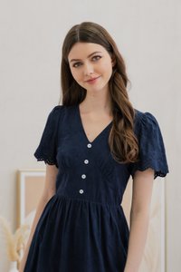 Histeria Eyelet Button Midi Dress In Navy (XS)