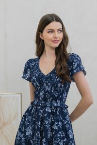 Vela Smocked Floral V-Neck Dress In Navy (XS)