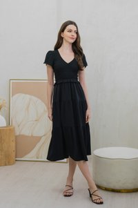 Stormi Smocked Tier Midi Dress In Black (XS)