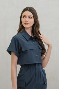 Casa Boxy Button Crop Top In Gunmetal