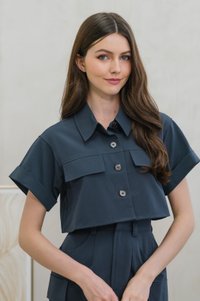 Casa Boxy Button Crop Top In Gunmetal