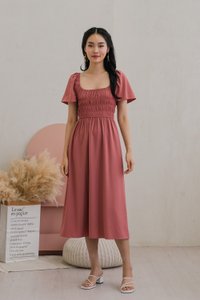 Moira Smocked Flare Sleeve Midi Dress In Rose
