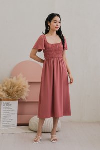 Moira Smocked Flare Sleeve Midi Dress In Rose