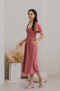 Moira Smocked Flare Sleeve Midi Dress In Rose