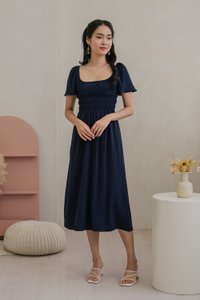 Moira Smocked Flare Sleeve Midi Dress In Navy (XS)