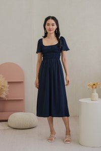 Moira Smocked Flare Sleeve Midi Dress In Navy (XS)