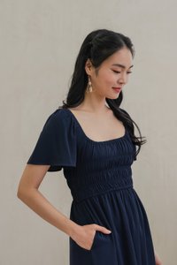 Moira Smocked Flare Sleeve Midi Dress In Navy (XS)