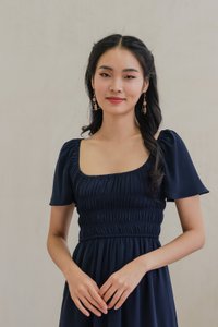 Moira Smocked Flare Sleeve Midi Dress In Navy (XS)