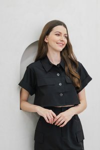 Casa Boxy Button Crop Top In Black