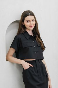Casa Boxy Button Crop Top In Black