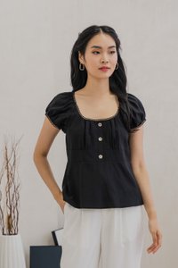 Plum Floral Buttons Puff Sleeve Top In Black (XS)