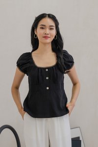 Plum Floral Buttons Puff Sleeve Top In Black (XS)