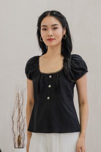 Plum Floral Buttons Puff Sleeve Top In Black (XS)