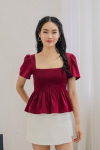 Sabine Smocked Cross-Back Top In Wine (XS)