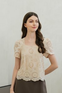 Illumi Iridescent Button Eyelet Top In Cream (XS)