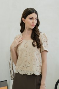 Illumi Iridescent Button Eyelet Top In Cream (XS)