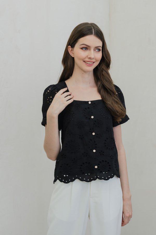 Illumi Iridescent Button Eyelet Top In Black (XS)