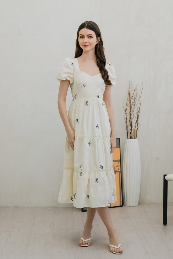 Flourish Embroidered Empire Midi Dress In Cream