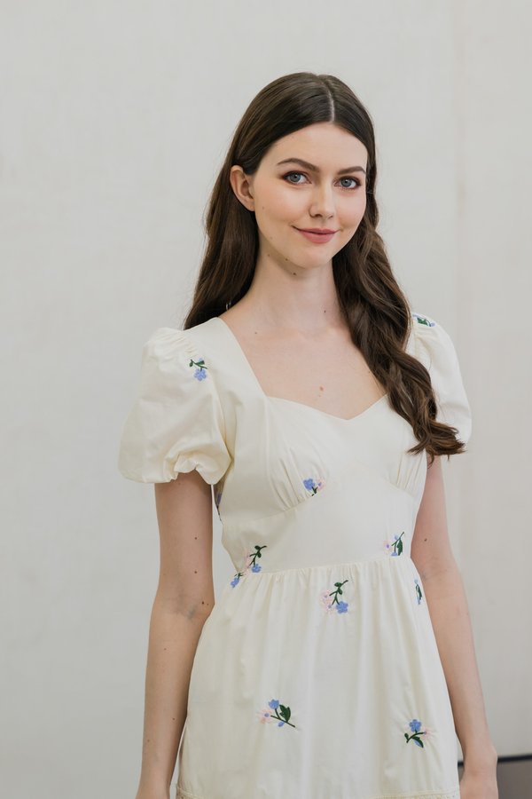 Flourish Embroidered Empire Midi Dress In Cream