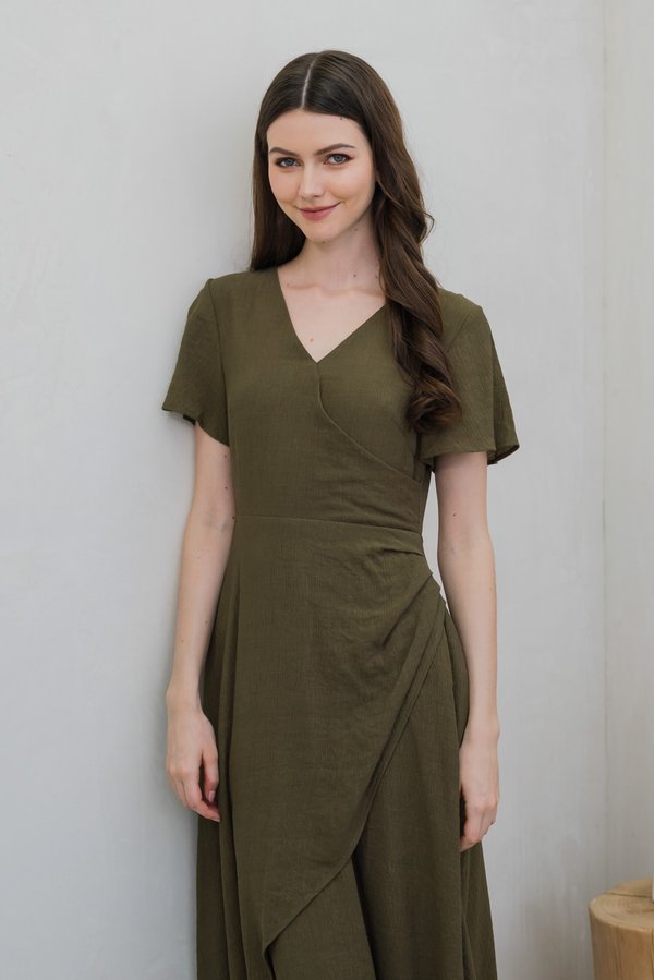 Gracie Side Ruched Wrap Maxi Dress In Olive