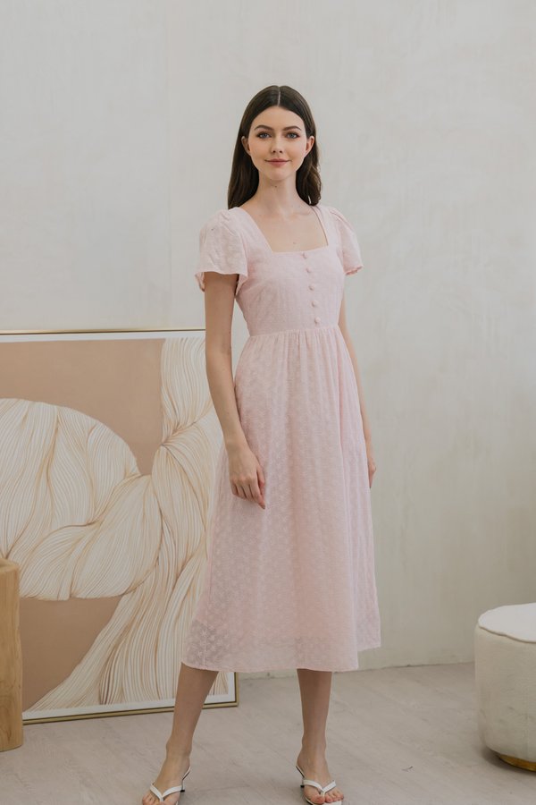 Evanté Eyelet button Midi Dress In Pink