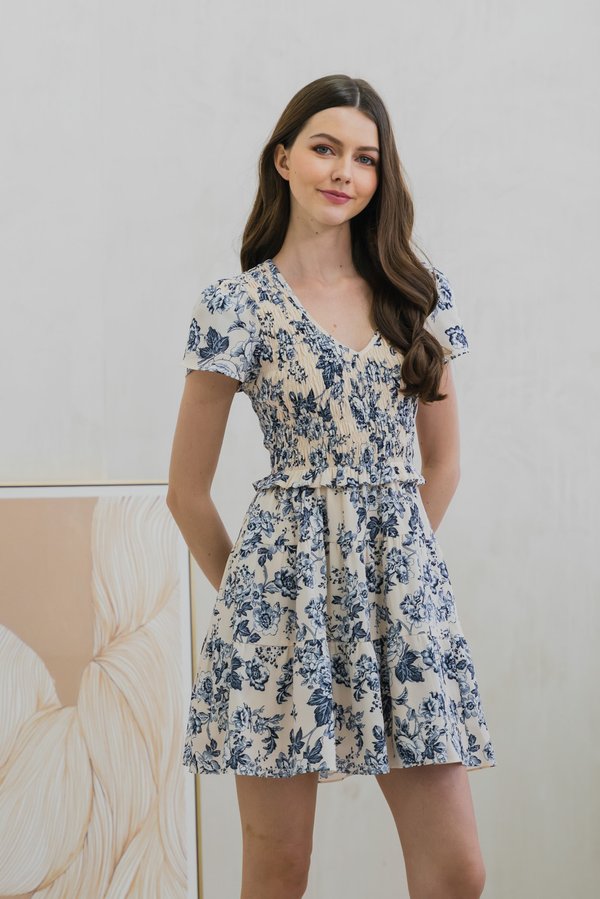Vela Smocked Floral V-Neck Dress In Cream (XS)