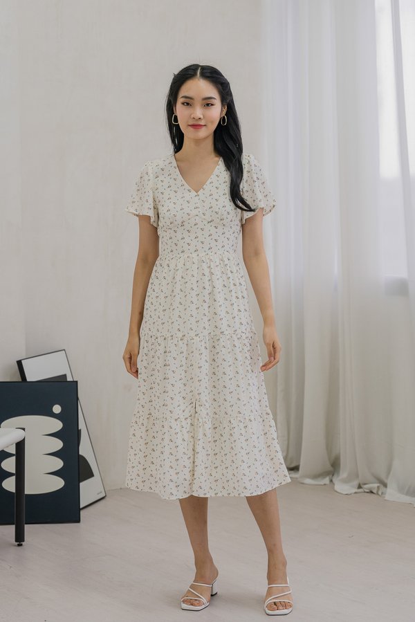Rubyn Empire Waist Floral Tiered Midi Dress In Ivory