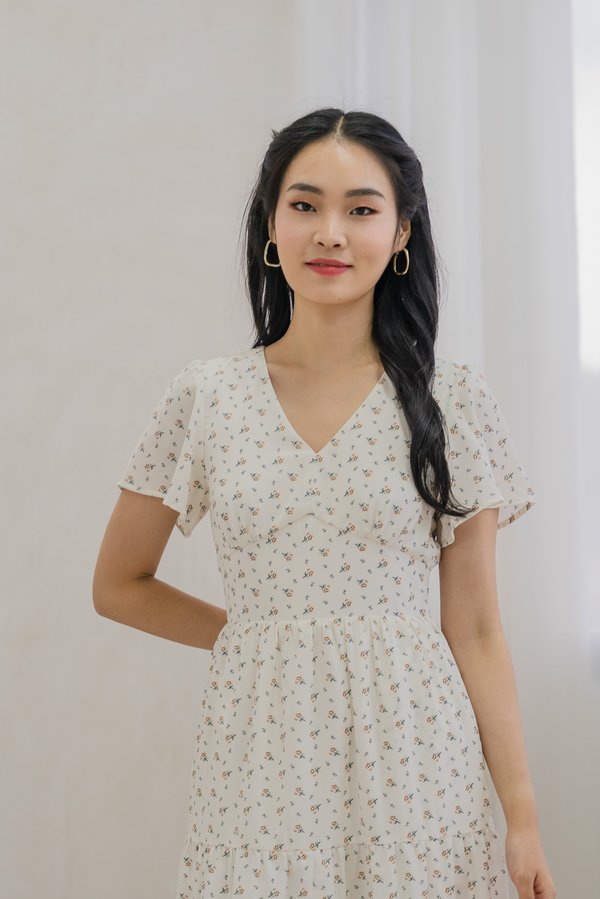 Rubyn Empire Waist Floral Tiered Midi Dress In Ivory