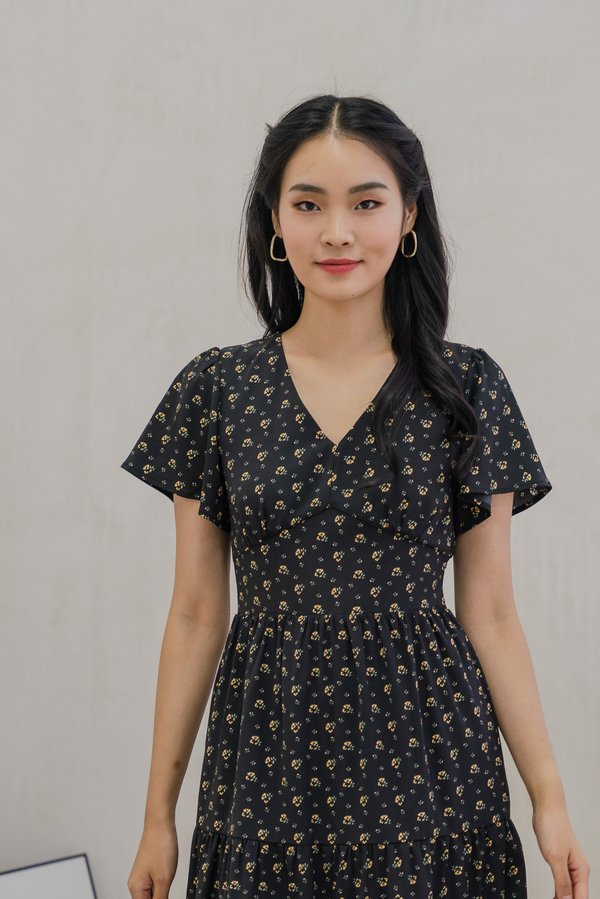 Rubyn Empire Waist Floral Tiered Midi Dress In Black (XS)