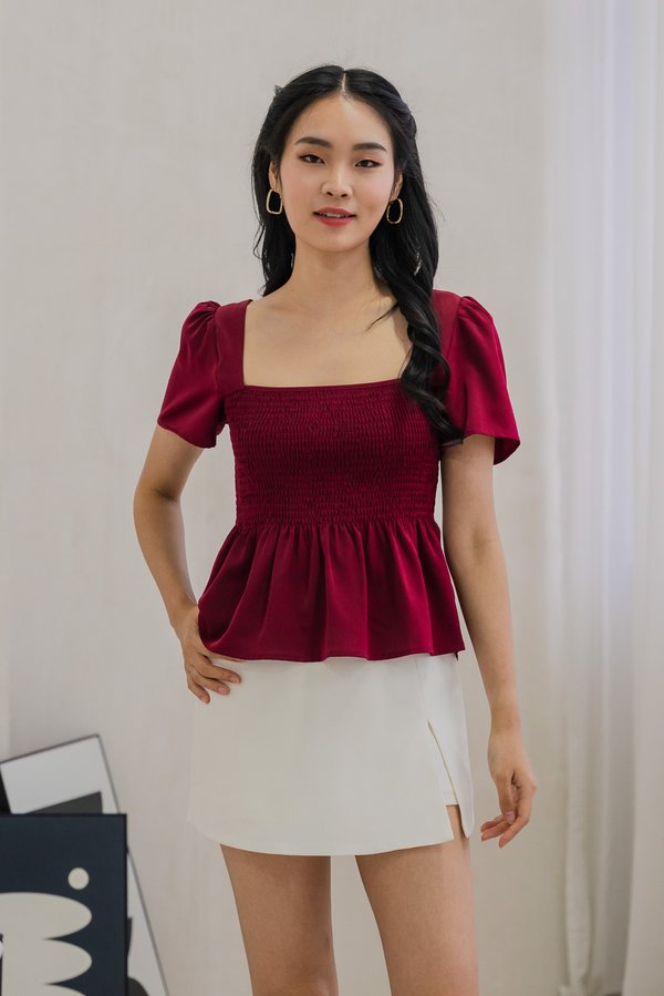 Sabine Smocked Cross-Back Top In Wine (XS)