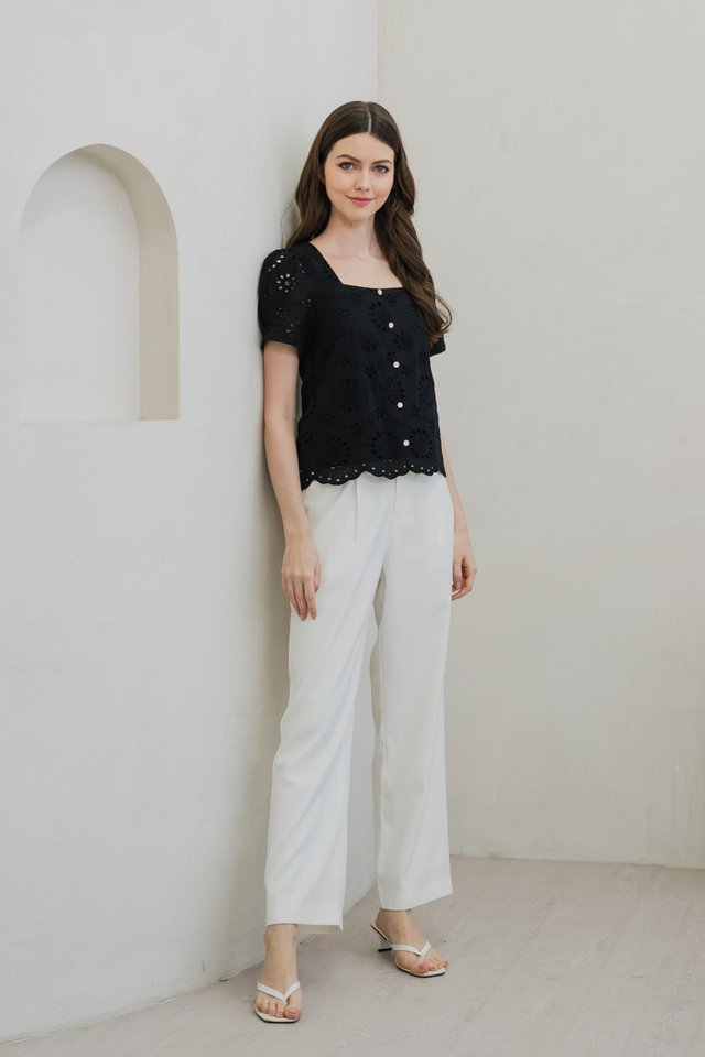Illumi Iridescent Button Eyelet Top In Black