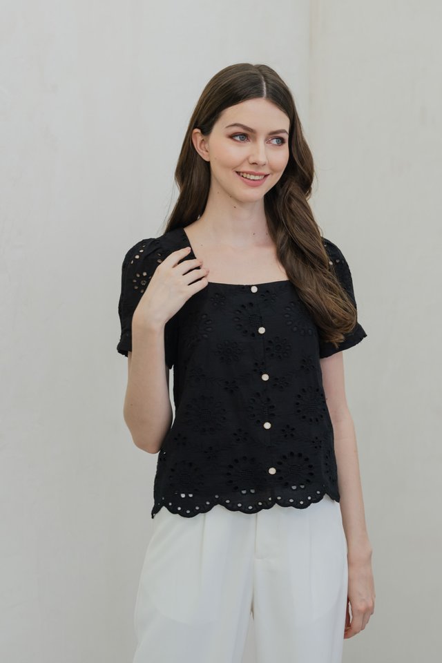 Illumi Iridescent Button Eyelet Top In Black