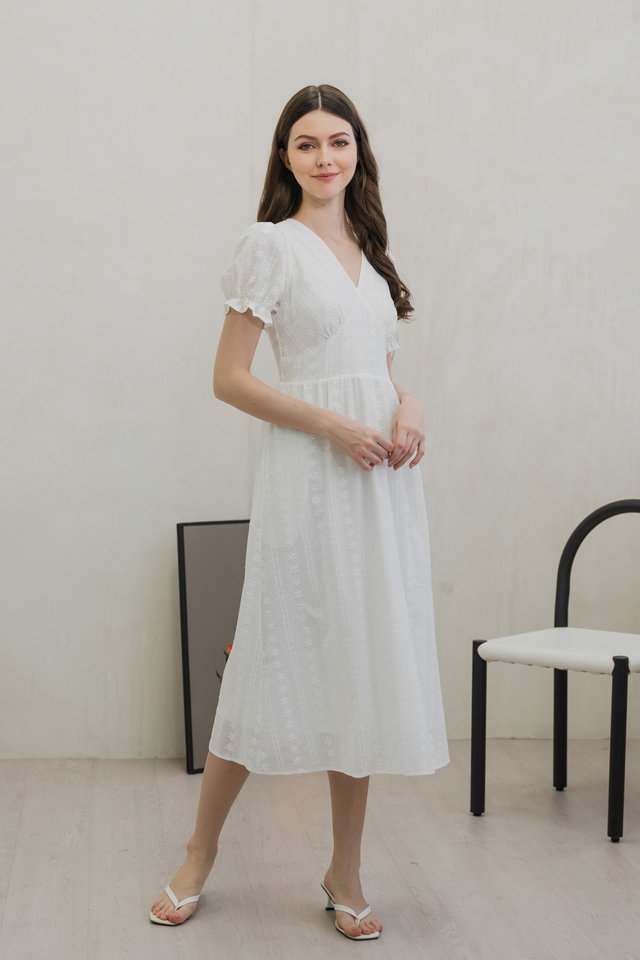 Everest Eyelet Embroidery Midi Dress In White