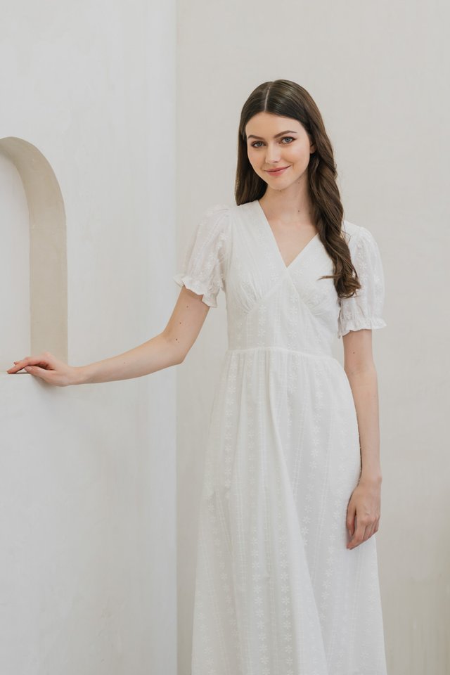 Everest Eyelet Embroidery Midi Dress In White
