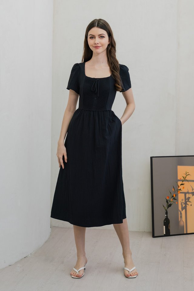 Pacifika Pintuck Ribbon Midi Dress In Black