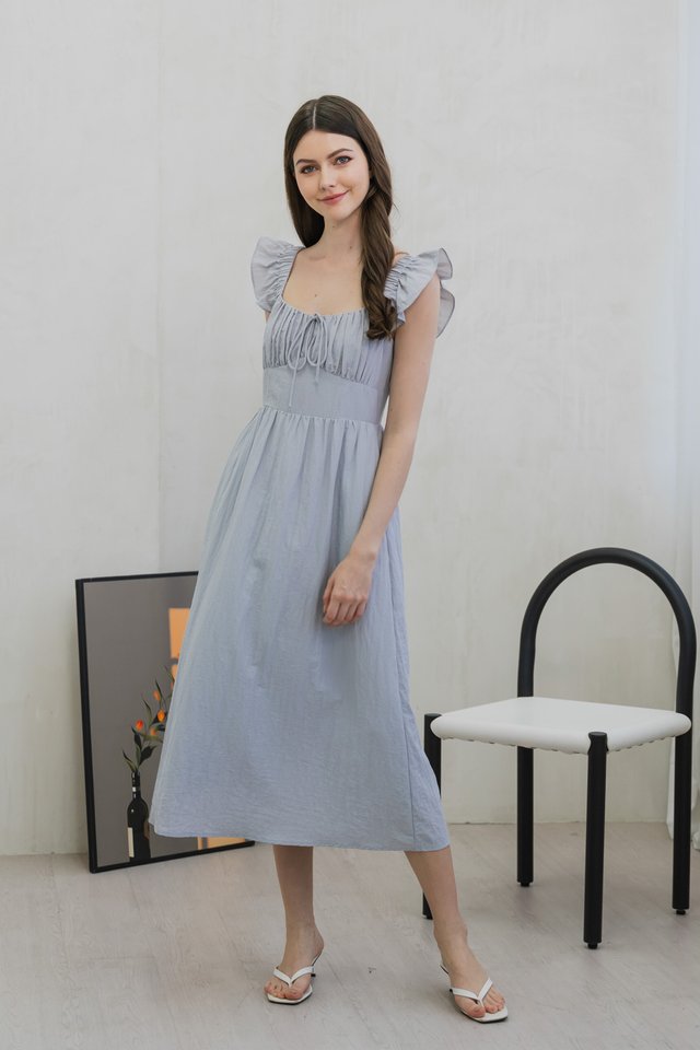 Rora Ribbon Ruched Midi Dress In Grey