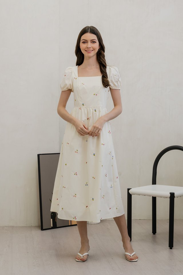Tarte Cherry Embroidery Midi Dress In Cream