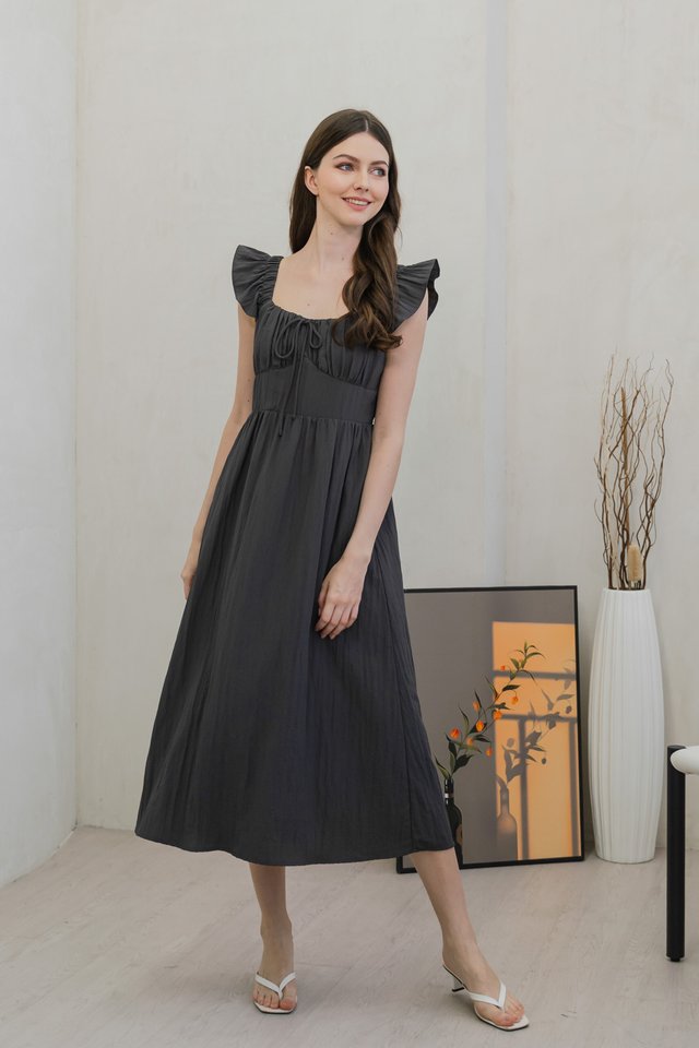 Rora Ribbon Ruched Midi Dress In Gunmetal