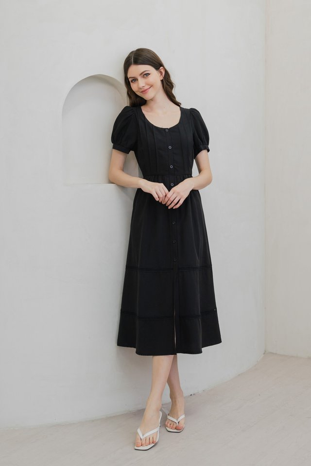 Paradise Button Crochet Tier Maxi Dress In Black