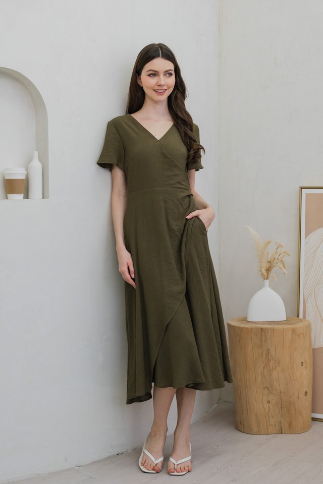 Gracie Side Ruched Wrap Maxi Dress In Olive