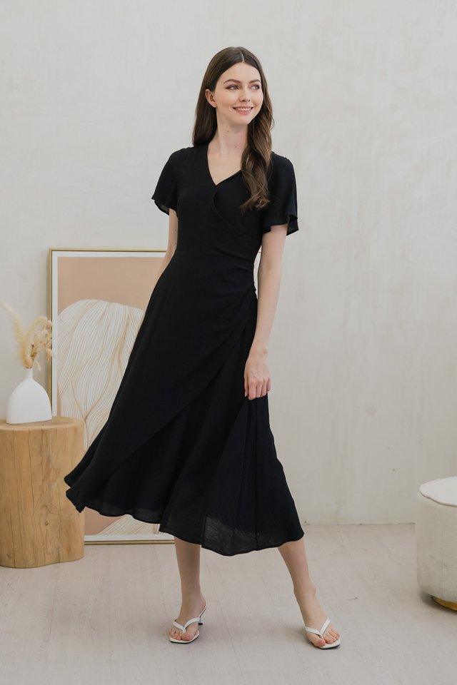 Gracie Side Ruched Wrap Maxi Dress In Black