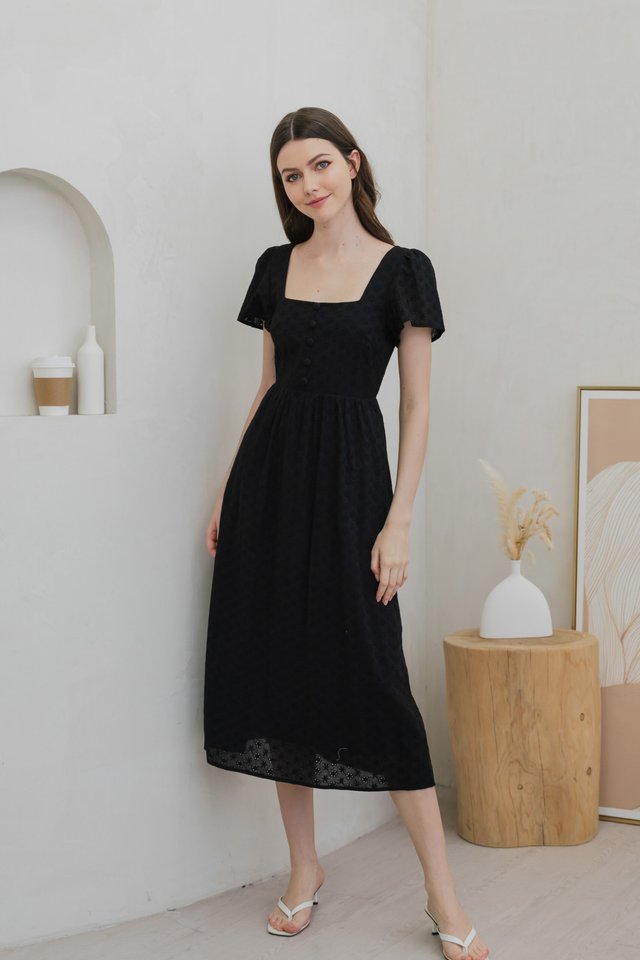 Evante Eyelet button Midi Dress In Black