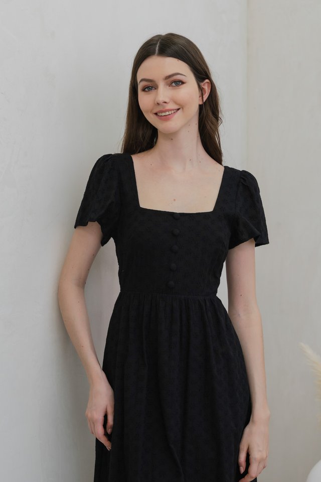 Evante Eyelet button Midi Dress In Black