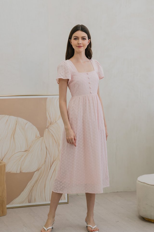 Evanté Eyelet button Midi Dress In Pink